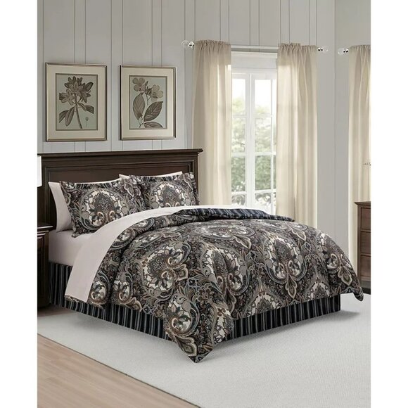 Isabella Fairfield Comforter Set 6PC Twin Comforter and Sheets Navy Damask $100 - Picture 2 of 8